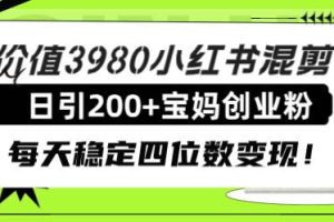 價值3980小紅書混剪日引200 寶媽創(chuàng)業(yè)粉，每天穩(wěn)定四位數(shù)變現(xiàn)！