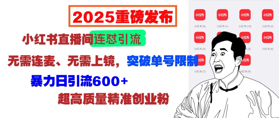 2025重磅發布：小紅書直播間連懟引流，無需連麥、無需上鏡，突破單號限制，暴力日引流600+超高質量精準創業粉