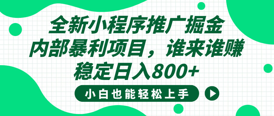 全新小程序推廣掘金，內部暴利項目，小白輕松上手，穩定日入800+
