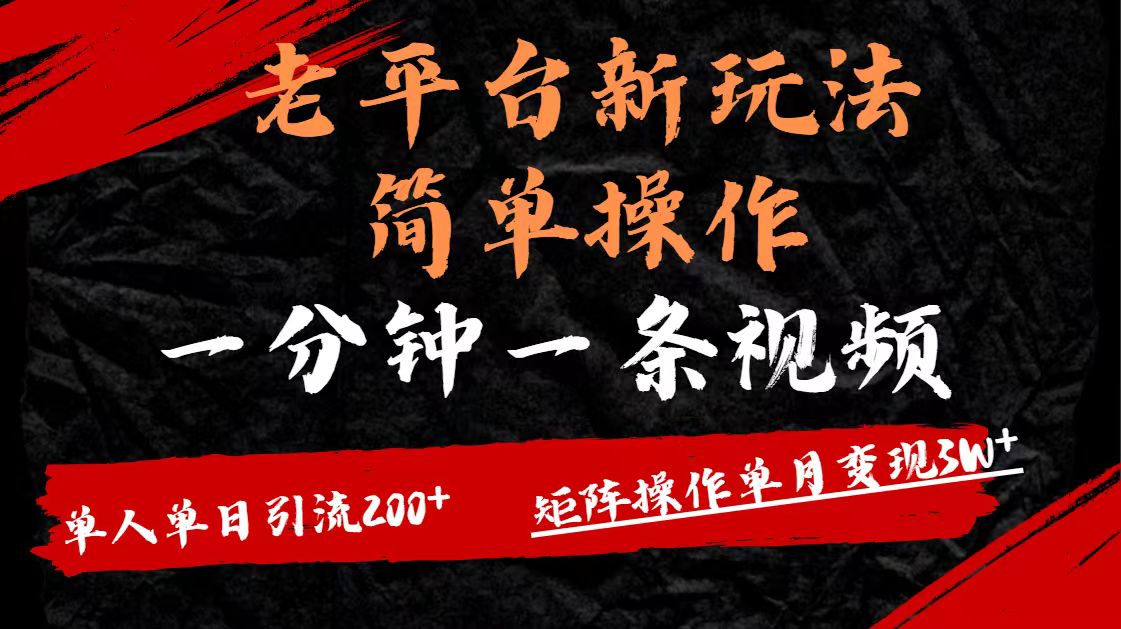 老平臺,新玩法,簡單操作,一分鐘一條視頻,單人單人引流200+矩陣操作,單月變現3W